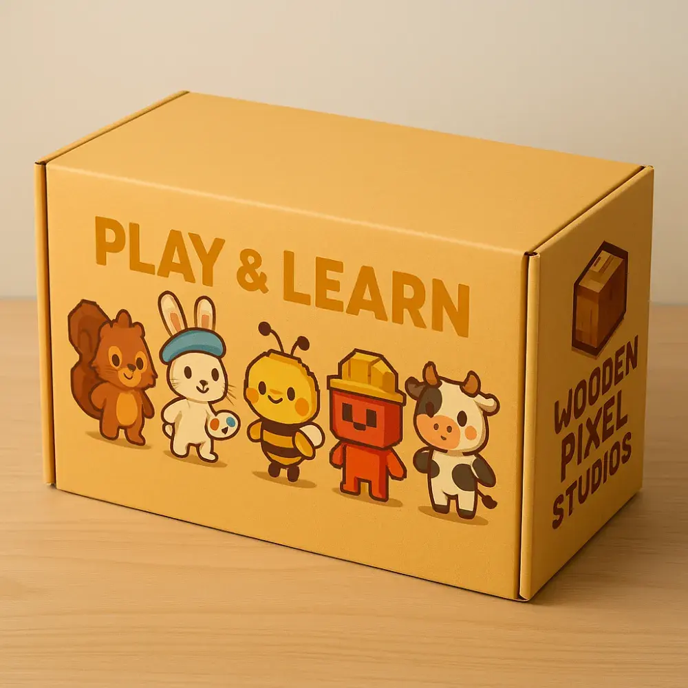 A cardboard box labelled Play and Learn with five cartoon animal characters