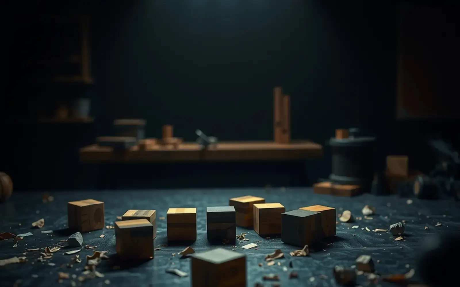A dim workshop with wooden blocks scattered across a workbench